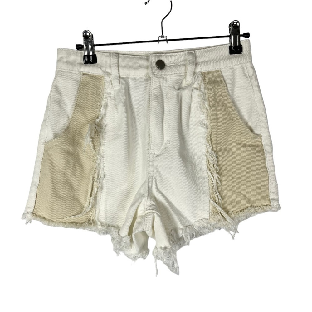Boutique White & Beige Mixed Denim Distressed High Rise Jean Shorts XS